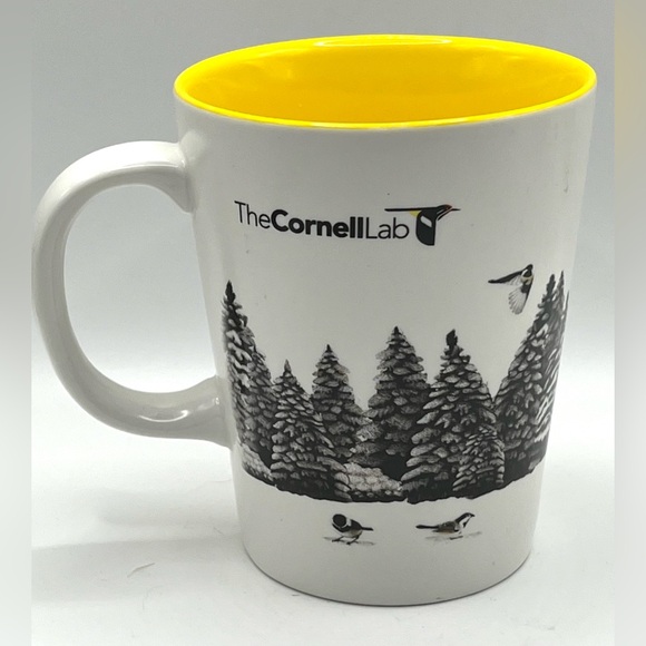 The Cornell Lab Black Chickadee Bird Pine Tree White Yellow Coffee Tea Mug 16 oz - Picture 4 of 11